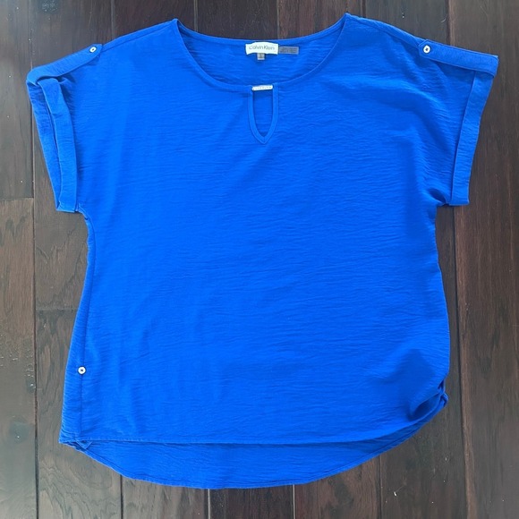 Calvin Klein Tops - Calvin Klein Royal Blue Blouse Cuffed Short Sleeve Textured Top Size L Career